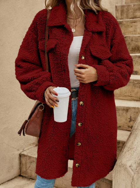 Women oversized plush fleece long coat lapel collar button-down in neutral cozy winter style