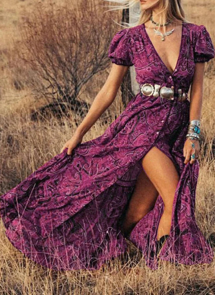 Women's maxi dress fitted waist puff sleeves front slit button detail spring summer style