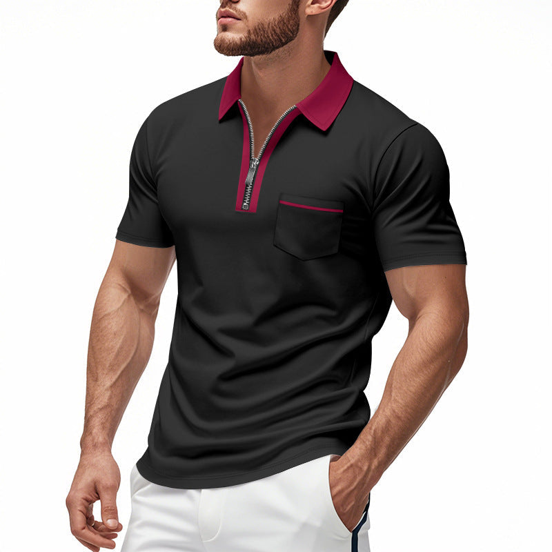 Men's slim fit polo shirt breathable cotton blend zipper closure chest pocket Nordic style