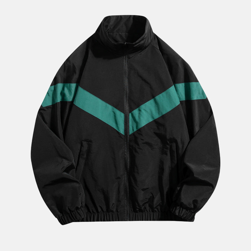 Lightweight wind-resistant color-block V-stripe track jacket with elastic cuffs for active athletes