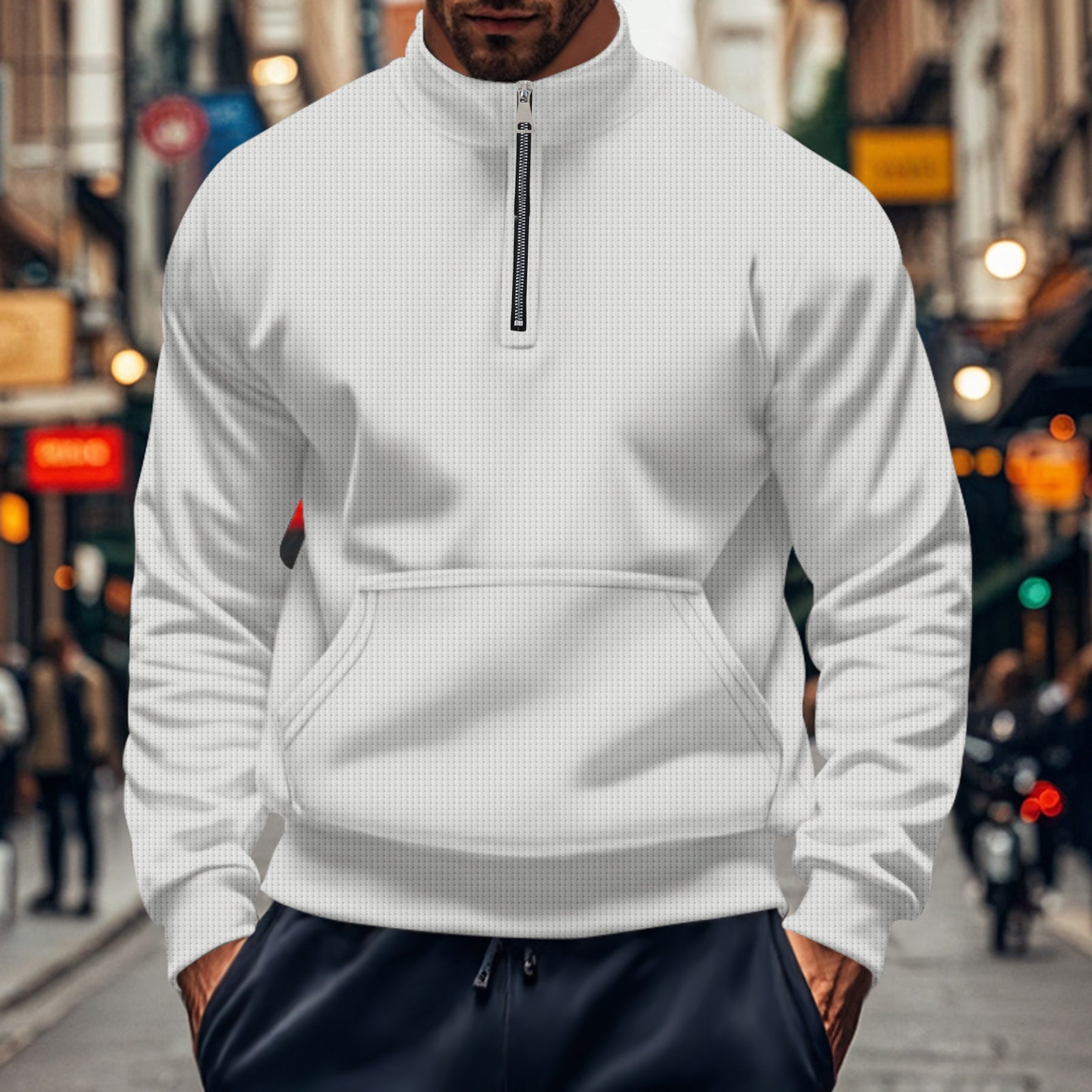 Men's gray cotton knit sweatshirt relaxed fit half-zip neckline with kangaroo pocket casual style