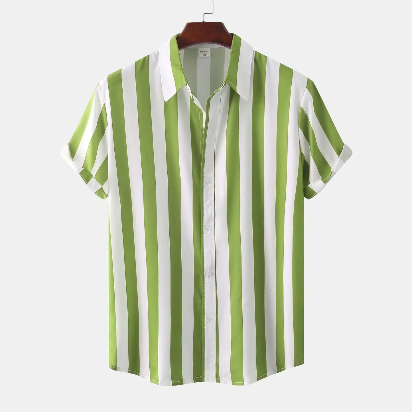 Men's short sleeve button-down shirt, vertical stripe pattern, casual elegant fit for everyday wear