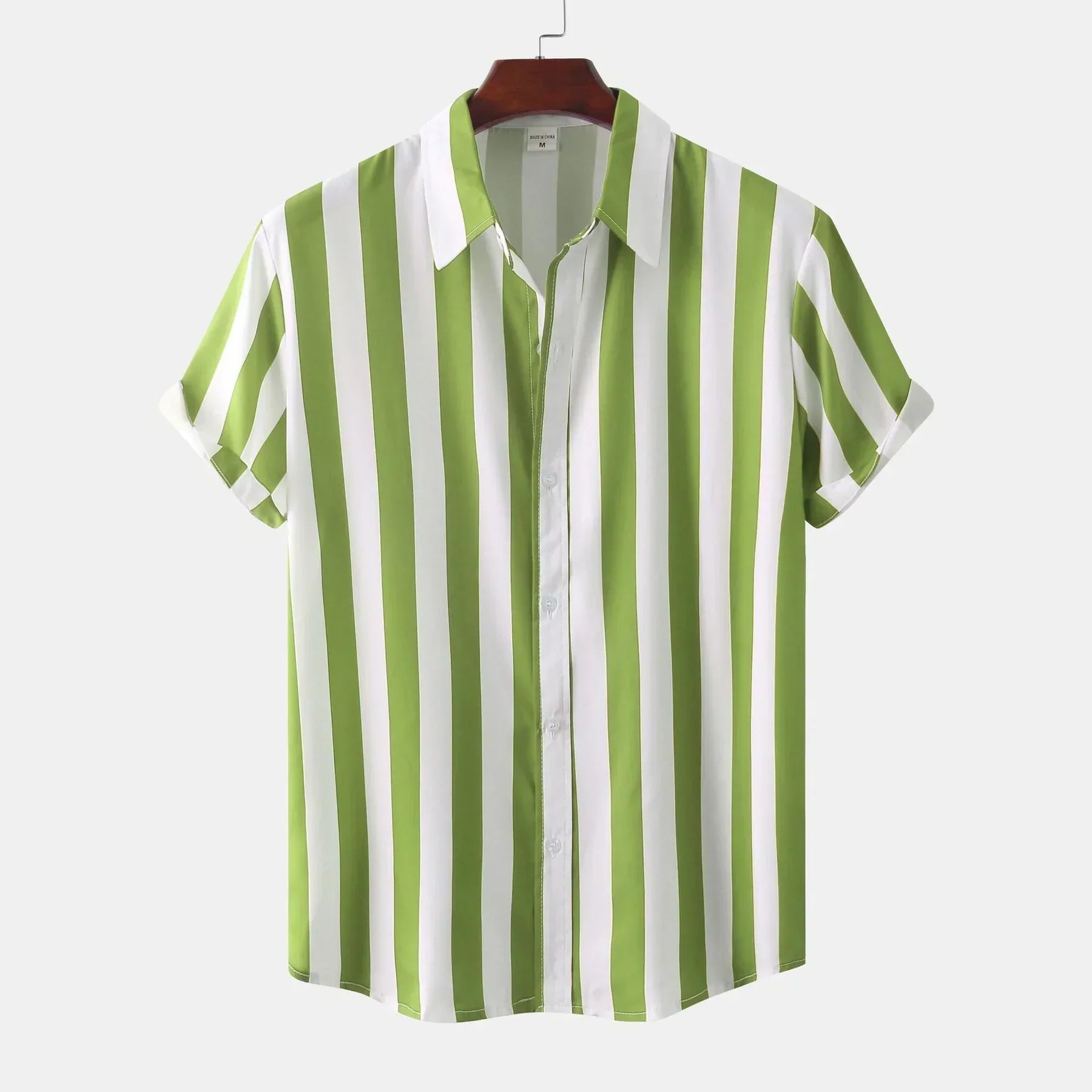 Men's short sleeve button-down shirt, vertical stripe pattern, casual elegant fit for everyday wear