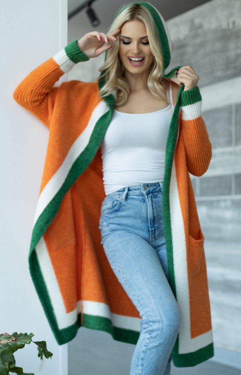 Women's oversized knit coat long sleeves pockets contrast trim relaxed silhouette everyday style