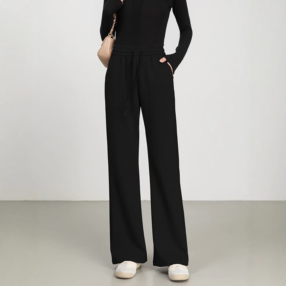 Women's wide-leg high-waist cotton blend pants with drawstring waist in casual daily style