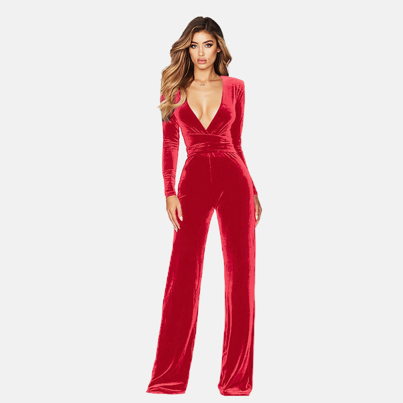Women's burgundy velvet wrap jumpsuit with deep V-neck and wide-leg silhouette for elegant evenings