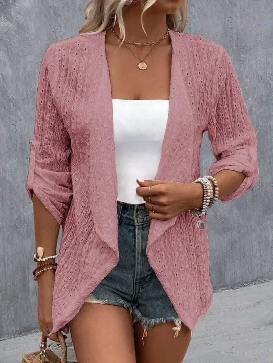Women's boho crocheted knit open-front cardigan relaxed fit with texture-rich drape for layering