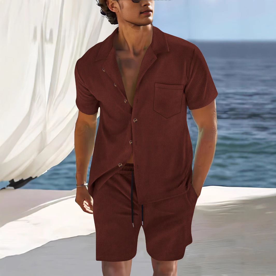 Men's blue Cuban collar shirt and shorts set relaxed fit lightweight cotton blend summer casual