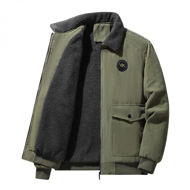 Men's loose-fit corduroy jacket with warm wool lining and classic button closure casual style