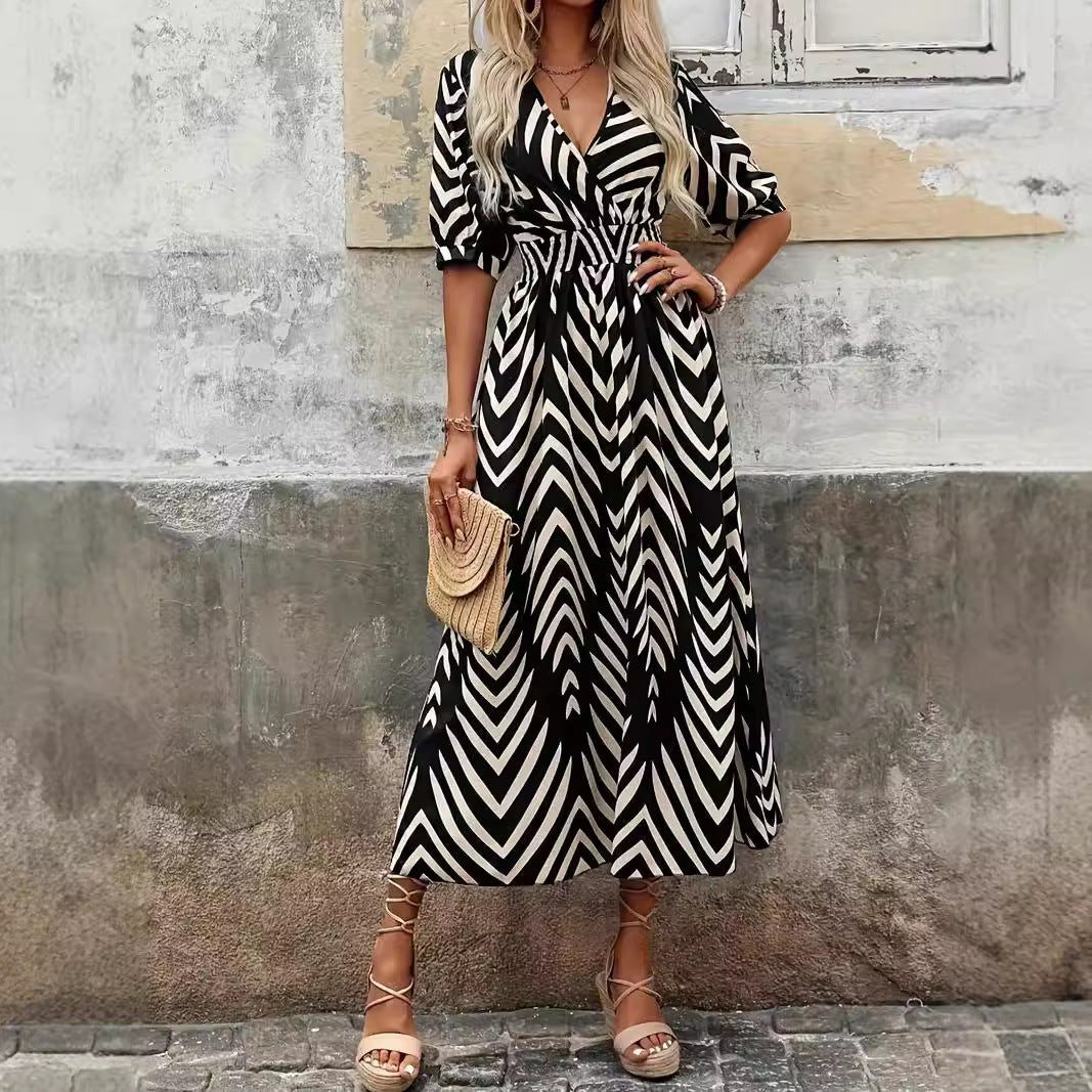 Women's midi A-line dress chevron pattern wrap V-neck belt waist puff sleeves figure-flattering silhouette
