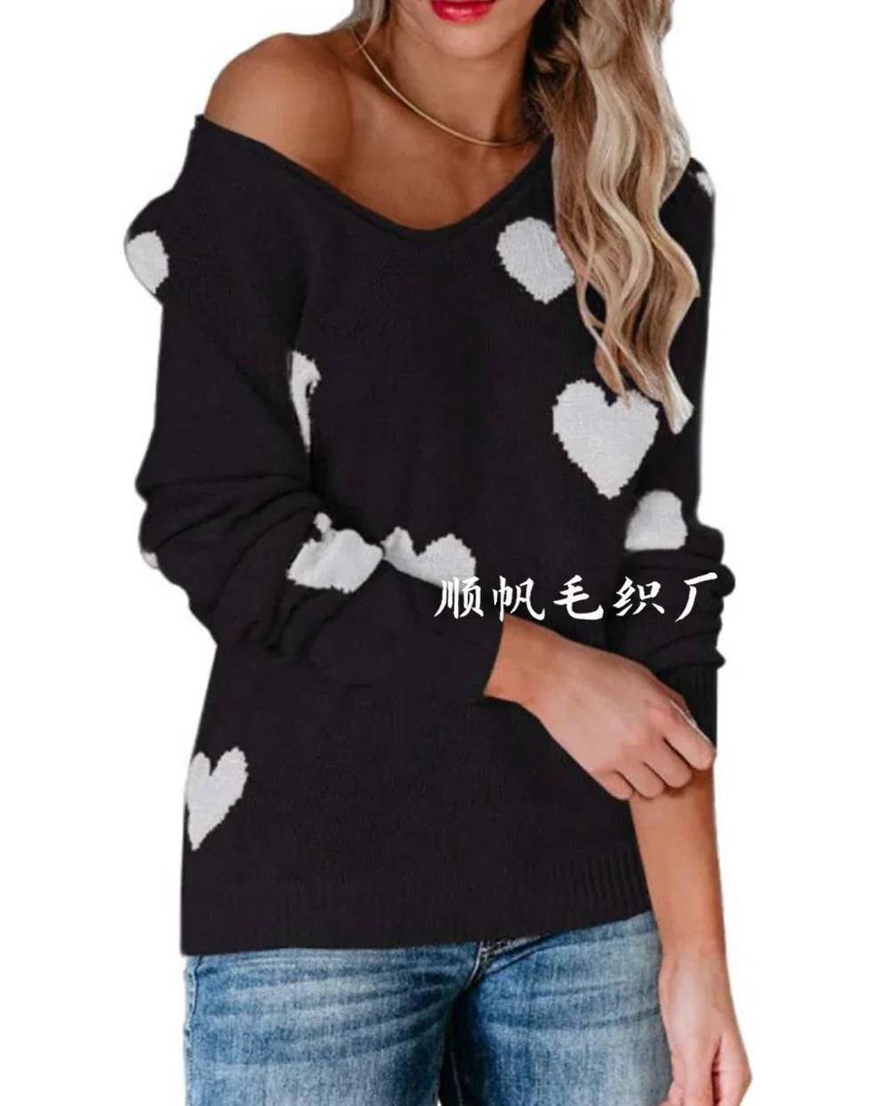 Women's red heart print Christmas knit sweater cozy festive holiday style with playful motif