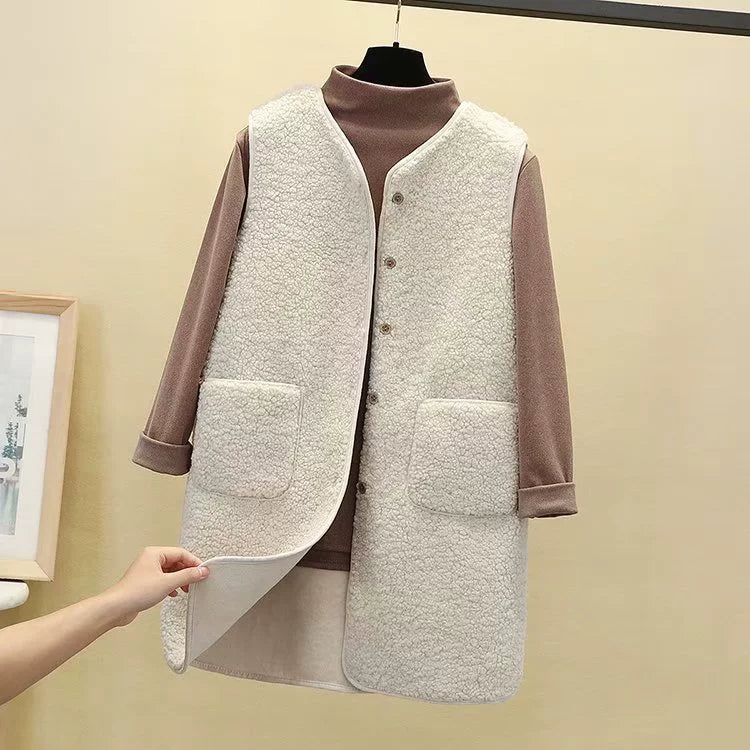 Women's gray plush fleece longline vest open front relaxed fit with patch pockets cozy layer