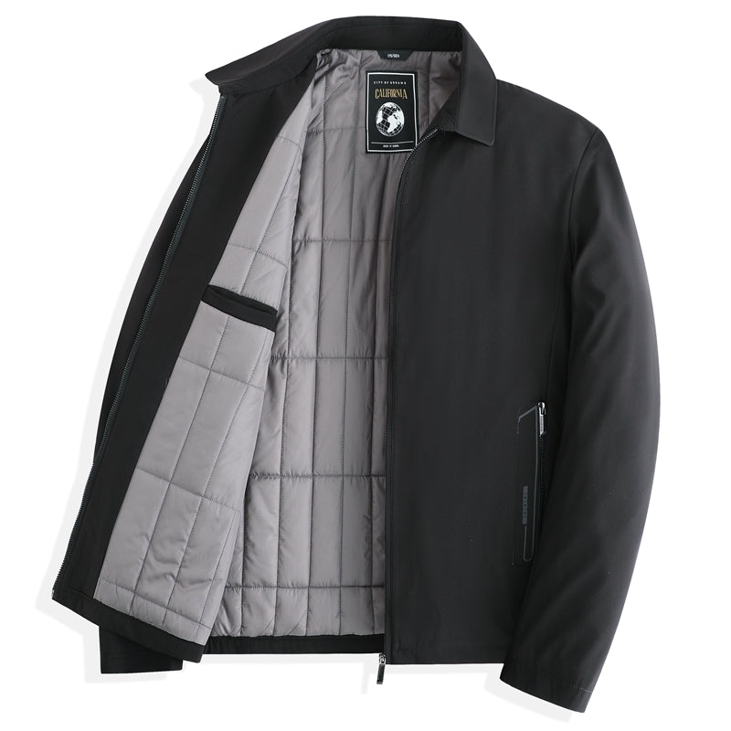 Men's structured mid-length jacket with quilted interior lining and full-zip front for autumn winter