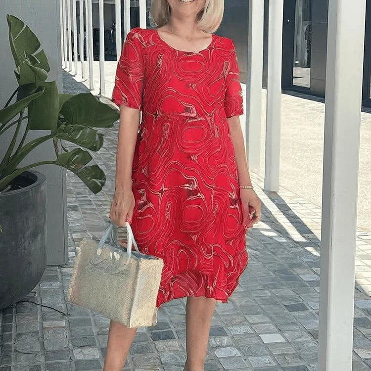 Women's relaxed fit midi dress breathable linen V-neck three-quarter sleeves side pockets everyday style