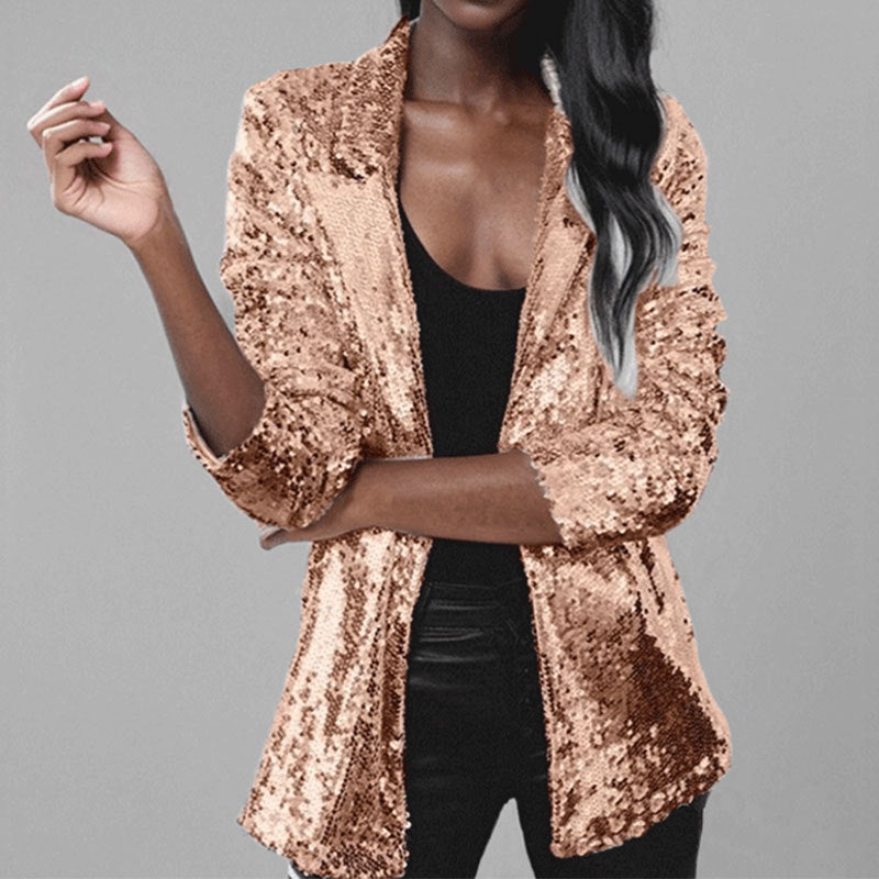 Women's silver sequin blazer tailored open-front long sleeve elegant evening wear