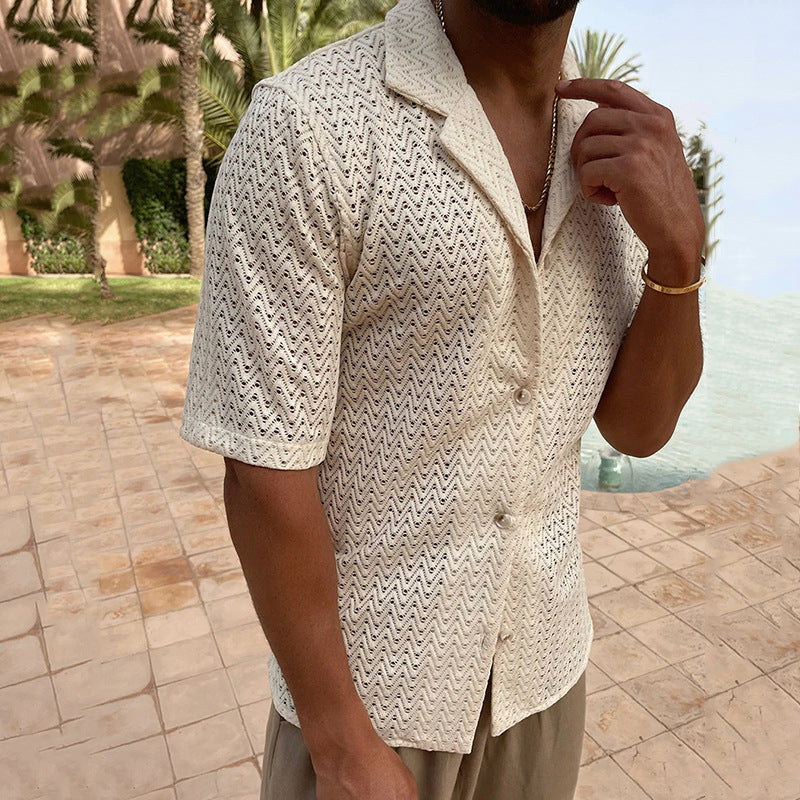 Men slim fit knitted cardigan short sleeves open pattern breathable cotton button closure