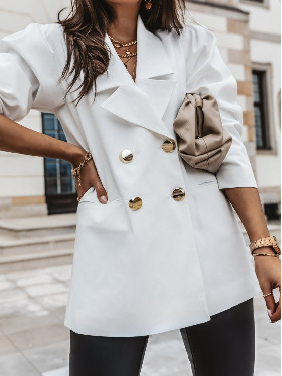 Women's structured blazer with puff sleeves, tailored waist-defining silhouette for professional style