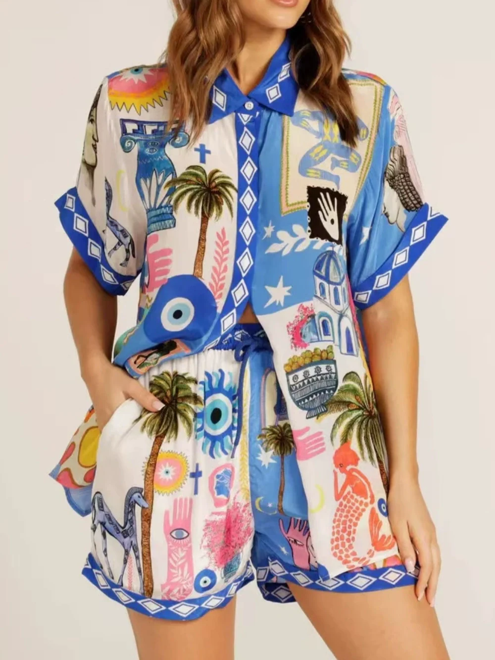 Women's linen-look shirt and shorts set with 3D digital print pattern, lightweight summer two-piece