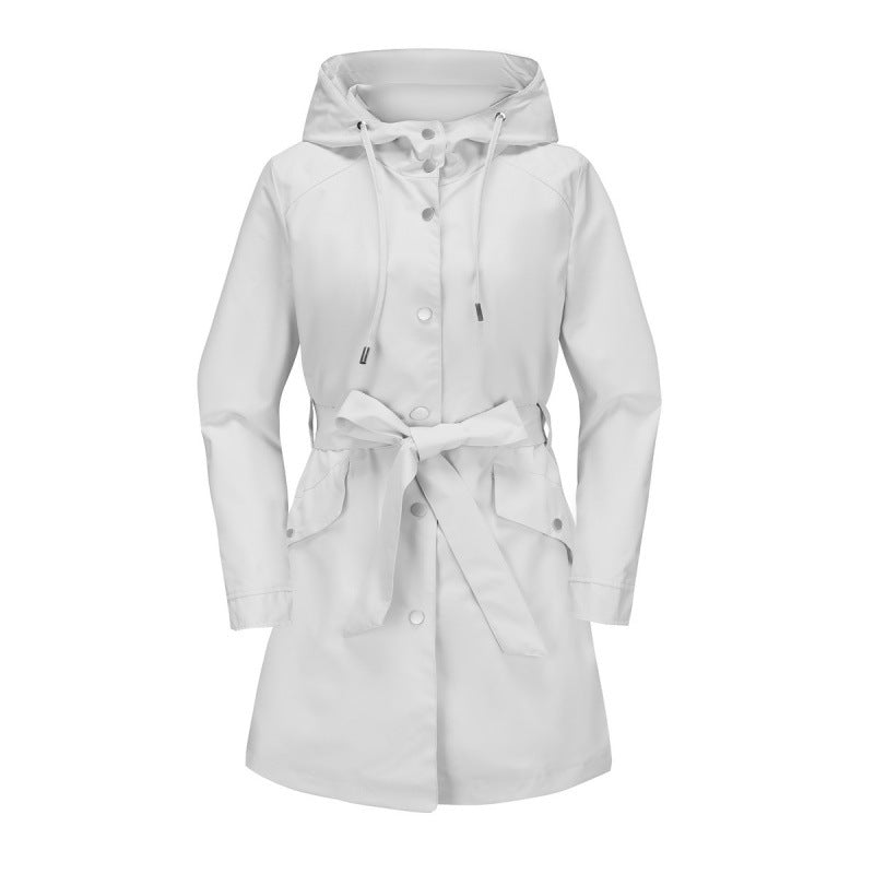 Women's beige relaxed-fit mid-length trench coat with hood, waist belt, water-resistant finish