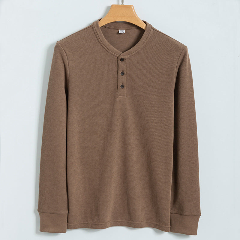 Men's gray waffle knit henley sweater relaxed fit with three-button placket for everyday layering