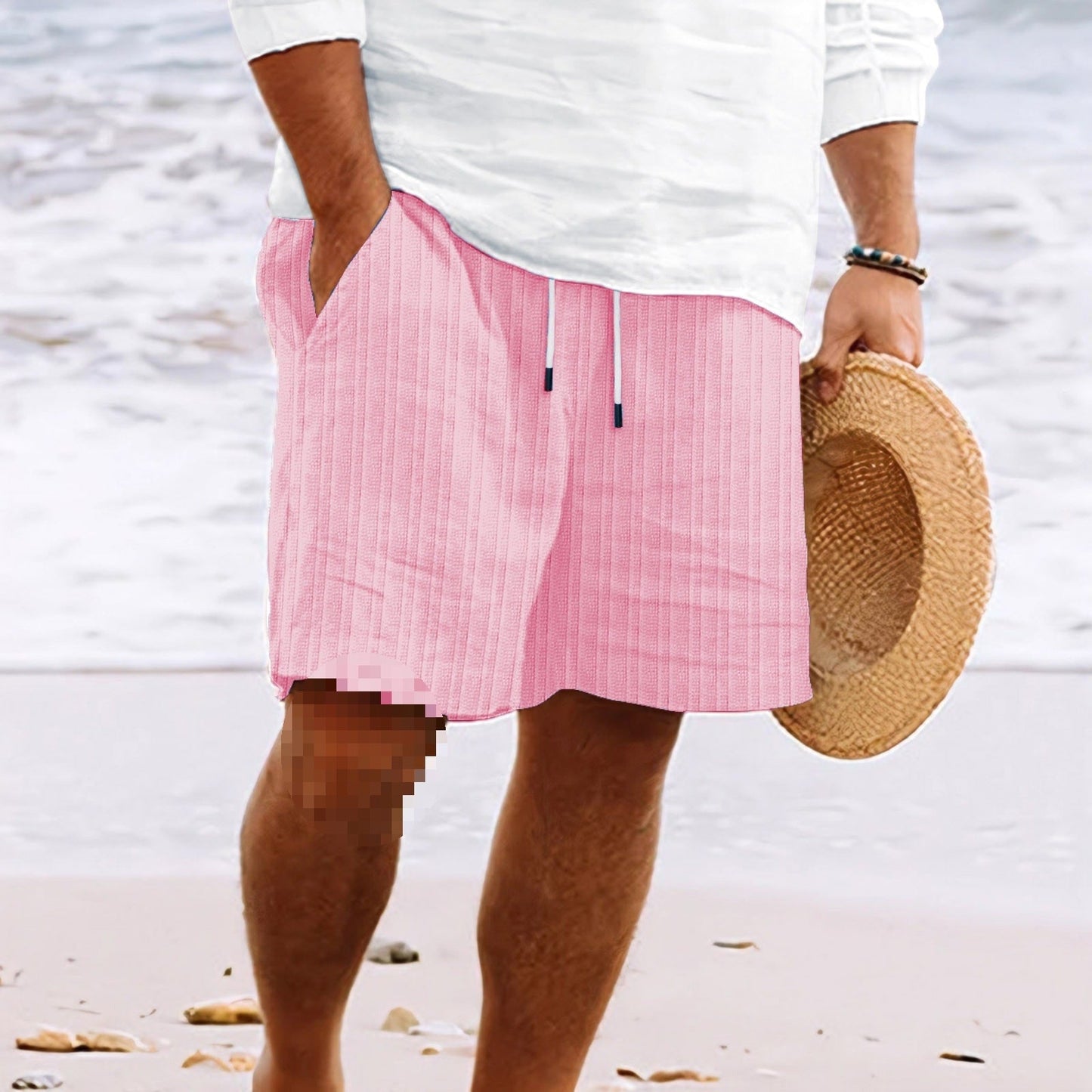Men's beige linen-cotton blend relaxed-fit shorts with multi-pockets and elastic drawstring waist