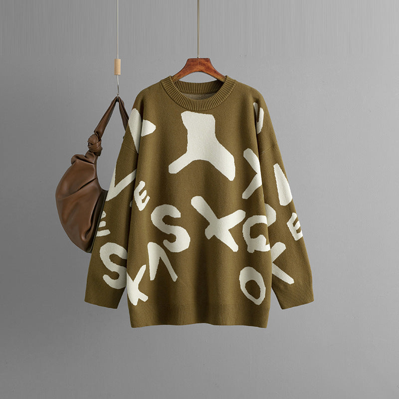 Women's oversized graphic knit sweater bold patterned cozy fall winter pullover relaxed fit