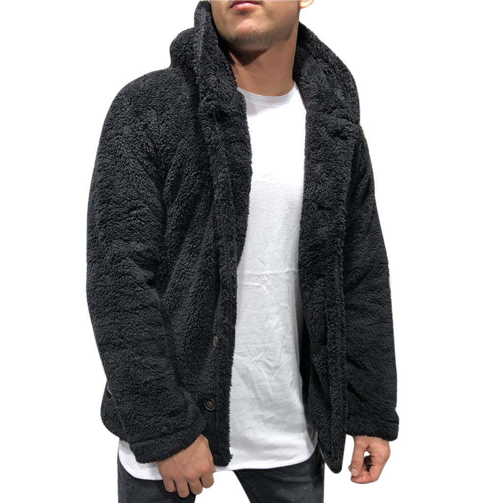 Men's relaxed fit hooded fleece jacket with button closure for casual layering and everyday warmth