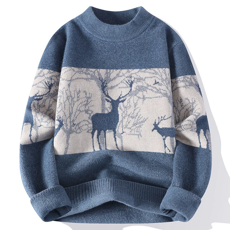 Men's loose fit Nordic knit pullover sweater with mock neck and deer pattern in cozy style
