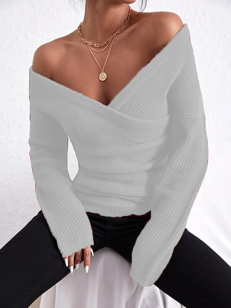 Women's slim fit ribbed knit sweater off-shoulder wrap V-neck long sleeve in neutral tone