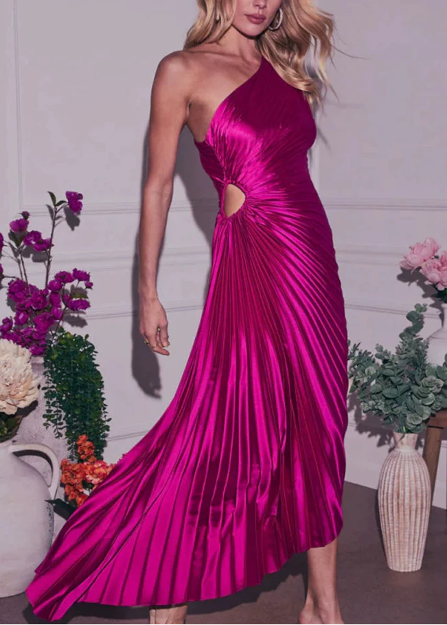 Satin pleated one-shoulder maxi dress with side cutout and asymmetrical hem for formal events