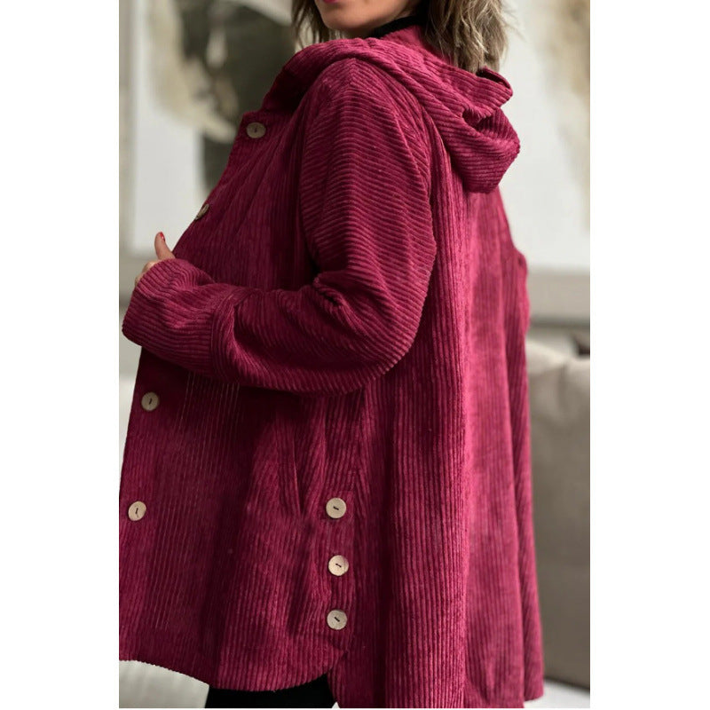 Women's brown corduroy hooded jacket relaxed fit mid-length with front button closure