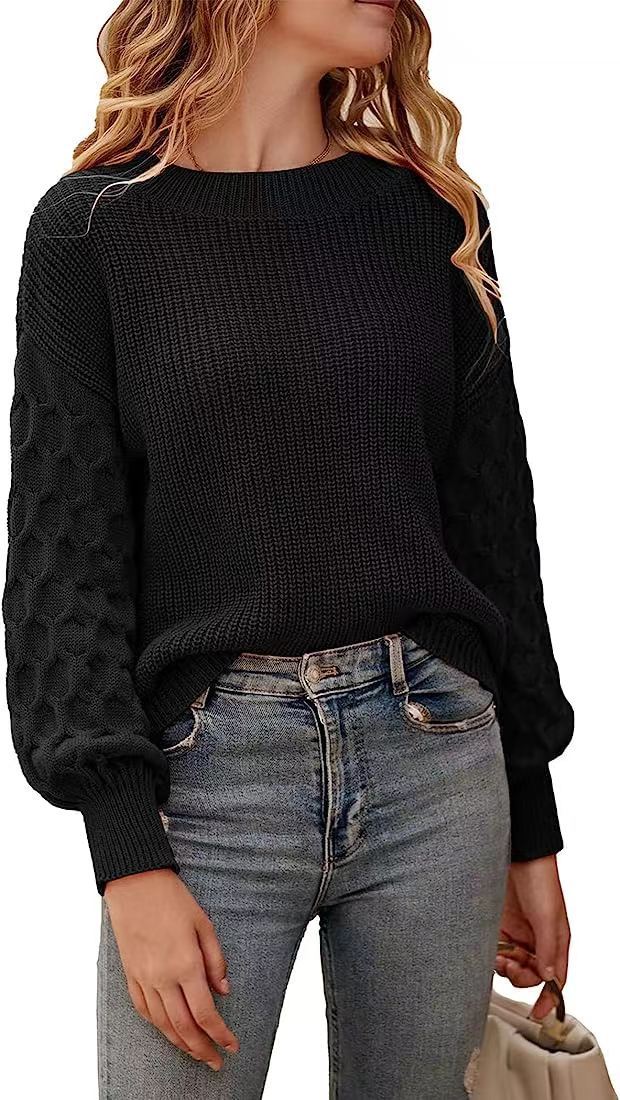 Women's chunky knit sweater relaxed fit with textured sleeve pattern, cozy fall winter style
