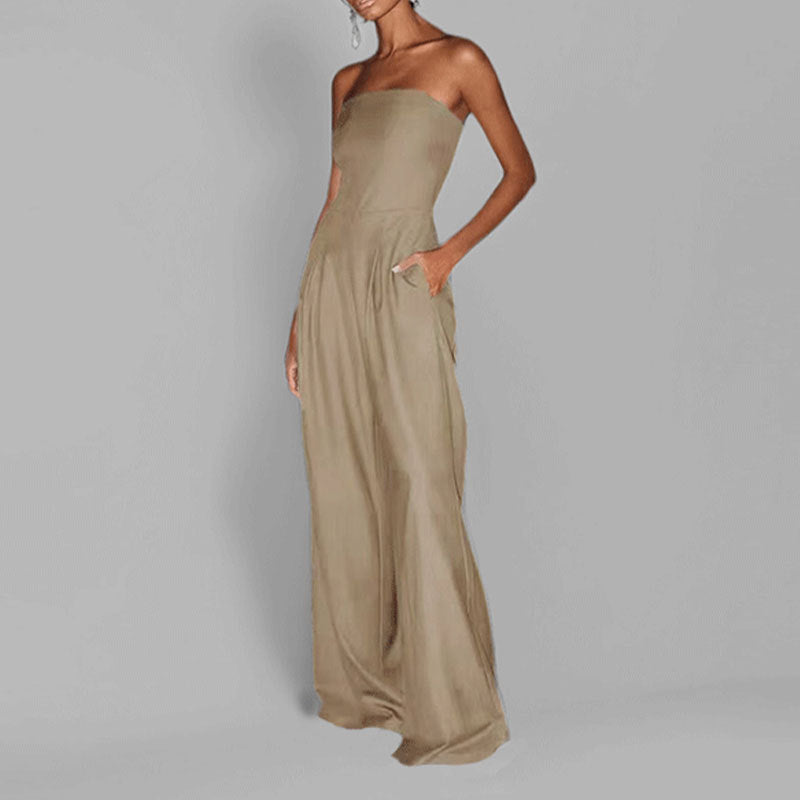 Women's strapless wide-leg formal jumpsuit in smooth sheen fabric with elegant elongating silhouette