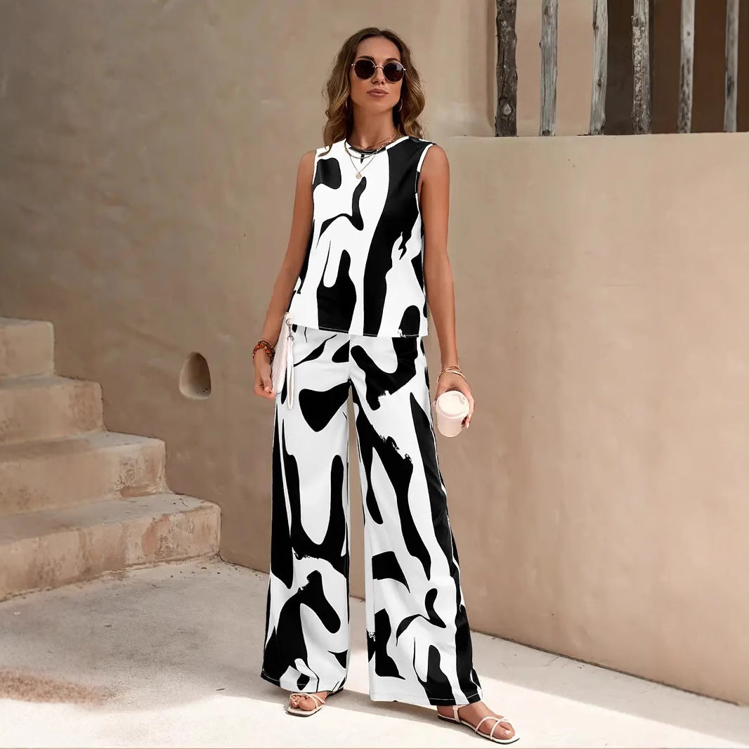 Women's 2-piece sleeveless top and wide-leg pants set, relaxed fit breathable fabric casual chic