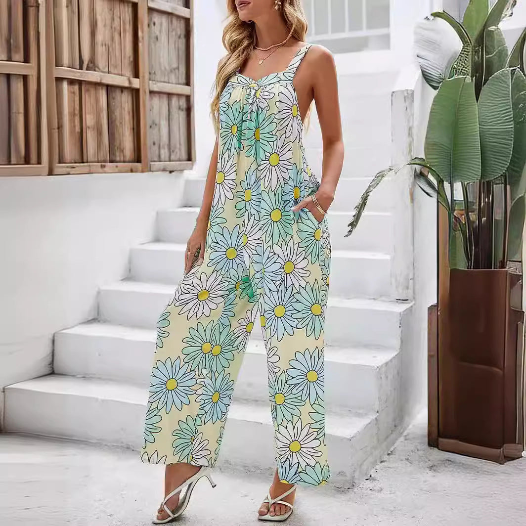 Women's loose fit wide leg printed strapless jumpsuit lightweight breathable summer fashion
