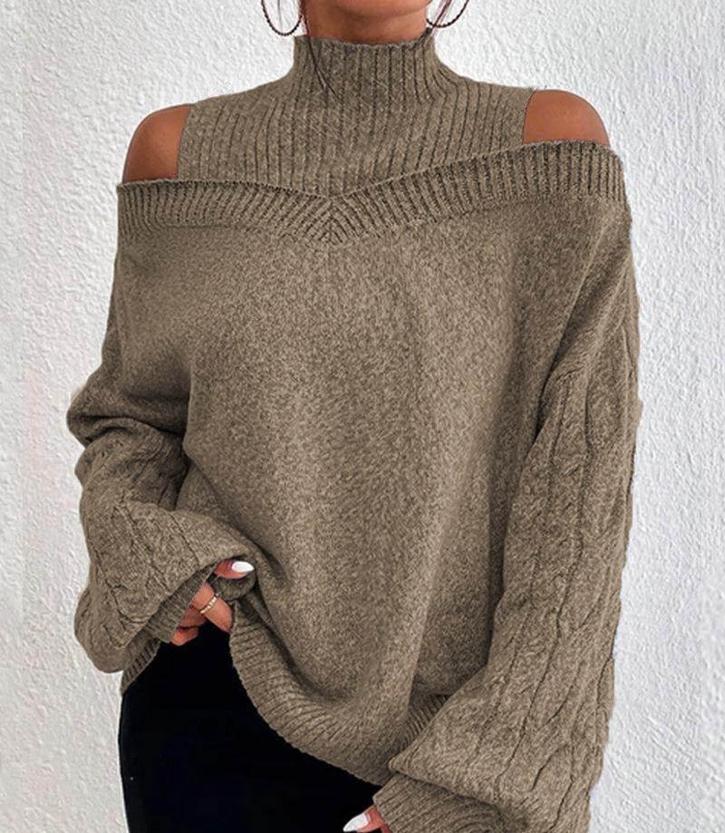 Women's beige off-shoulder knit sweater with cutout neckline detail, cozy relaxed fit