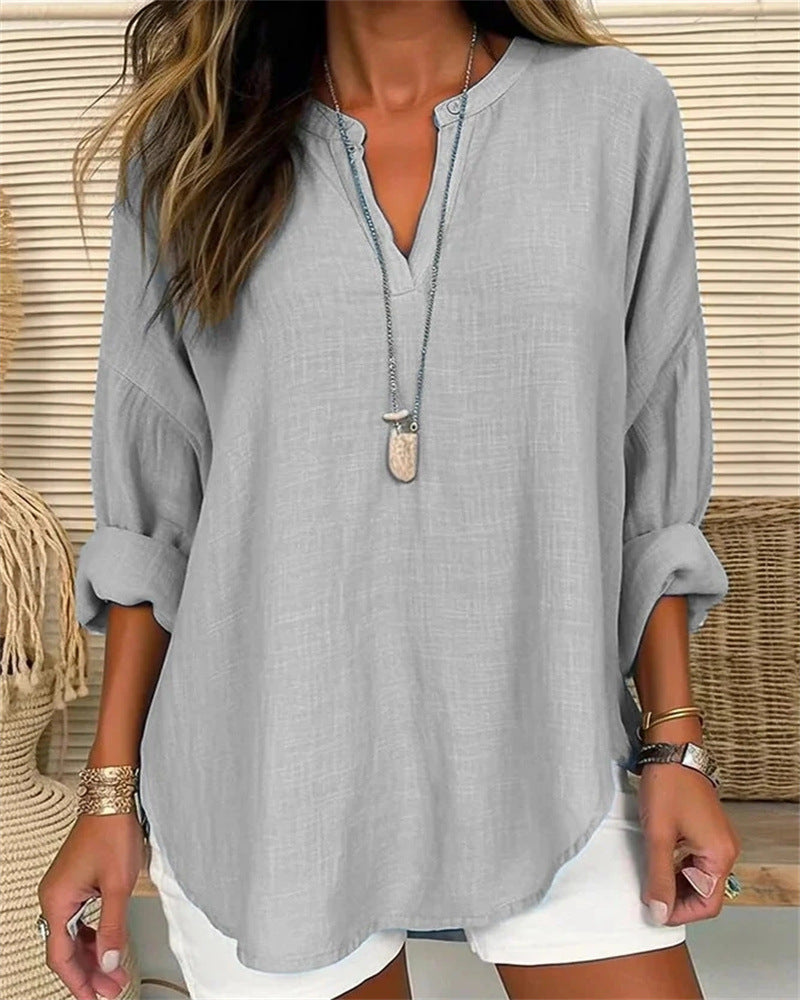 Women's relaxed fit cotton linen shirt stand collar long sleeve breathable everyday casual top