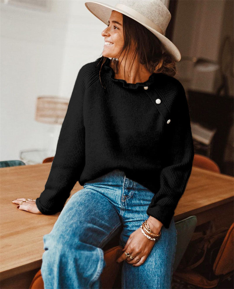 Women's wool blend knitted sweater relaxed fit with delicate ruffled neckline cozy fall style