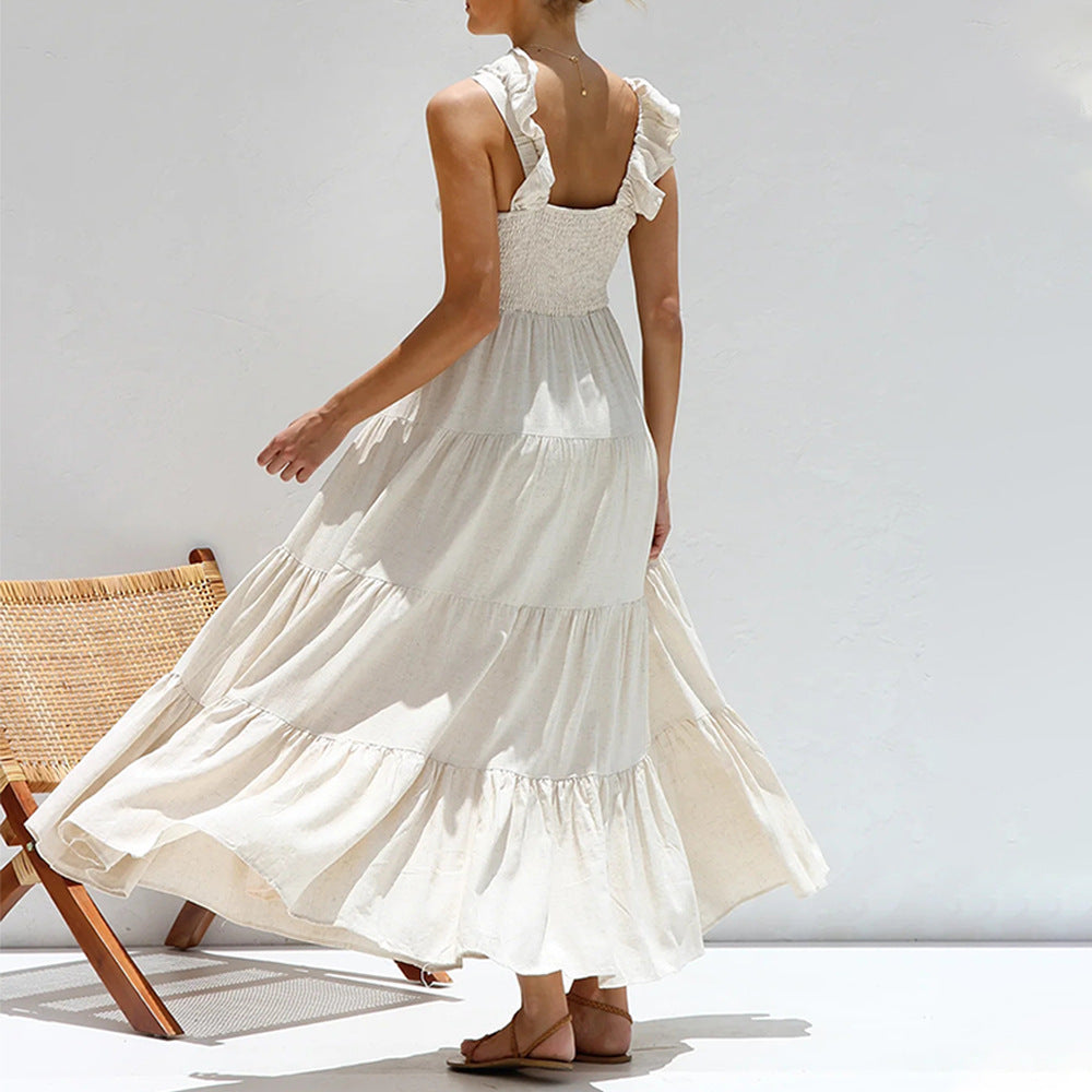 Women's floral maxi dress flowing tiered silhouette with delicate ruffled straps for summer vacation