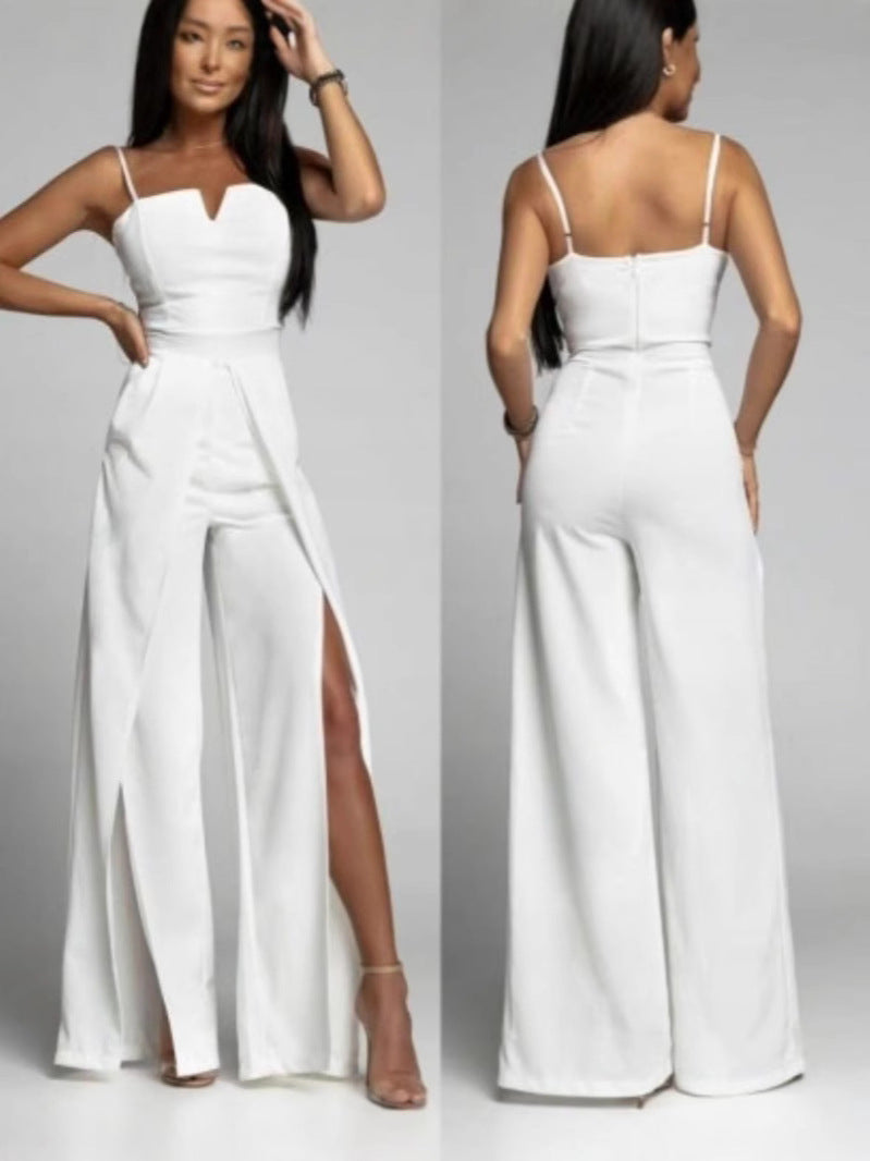 Women's black strapless slim-fit wide-leg jumpsuit with front slit for elegant party look