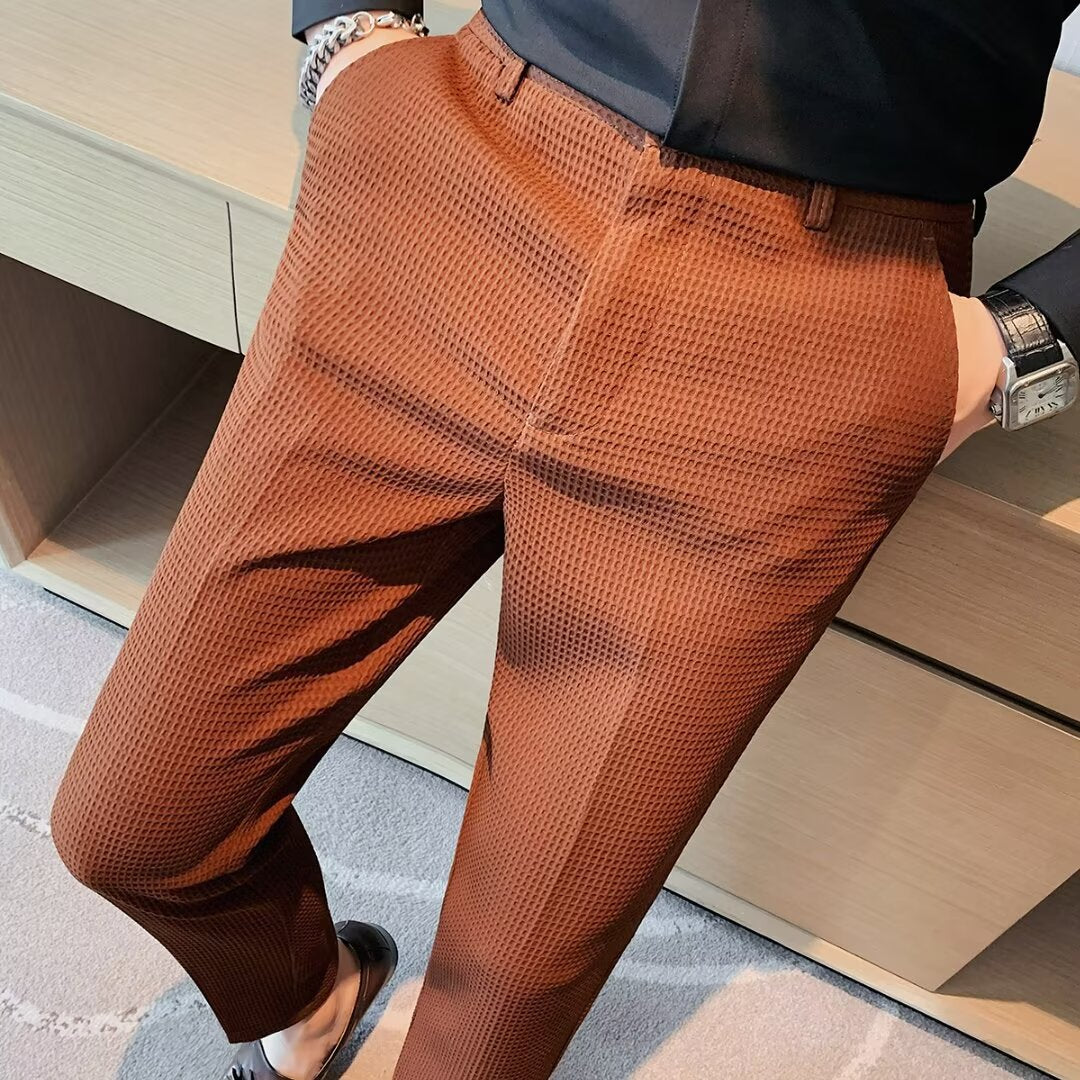 Men's cropped slim trousers in lightweight textured cotton blend with tapered leg and ankle-length cut