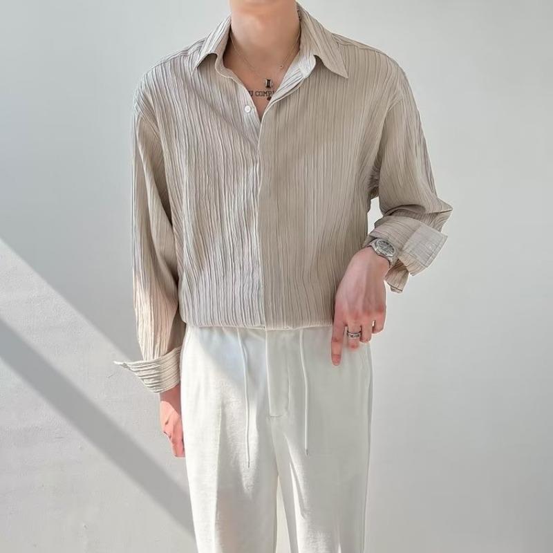 Men's long sleeve relaxed fit cotton shirt crinkled texture breathable casual everyday wear