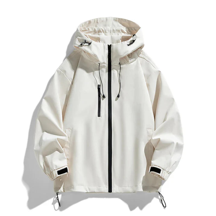 Men's hooded winter ski jacket with zipper closure, structured fit for slopes and city wear