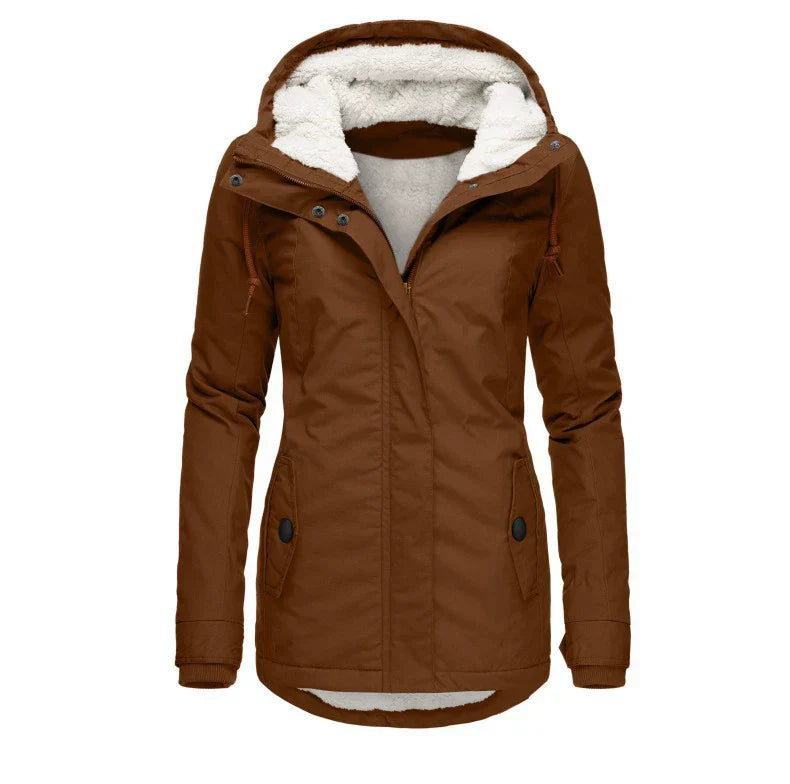 Women's semi-fitted mid-thigh parka coat with plush-lined hood, weather-resistant warmth for outdoor wear