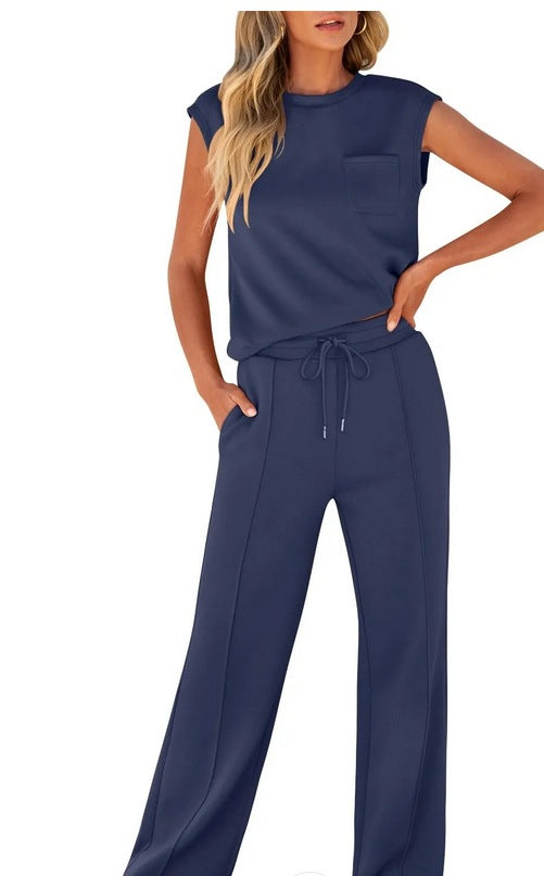 Women's two-piece sleeveless top and loose fit pants set, breathable cotton blend, drawstring waist