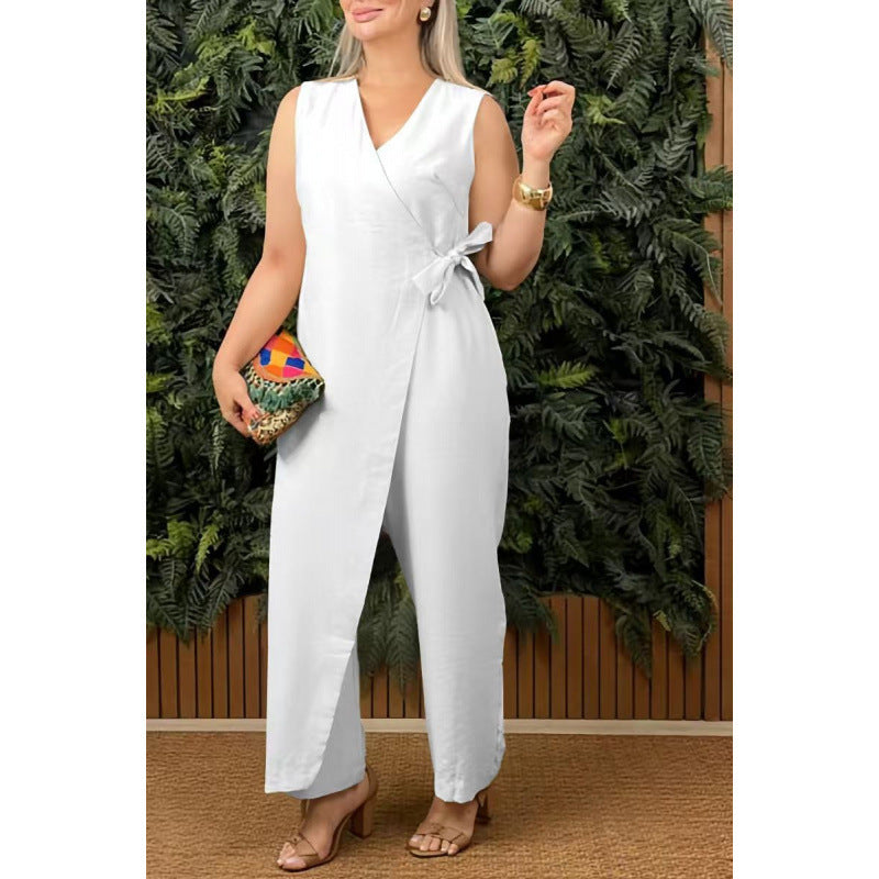 Women's sleeveless V-neck wrap jumpsuit wide-leg cut adjustable waist chic everyday style