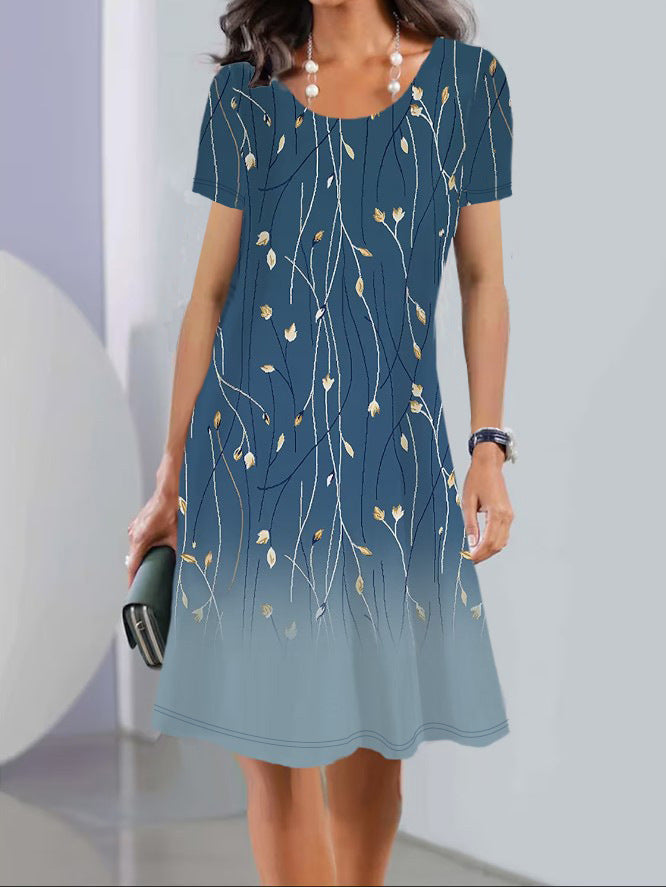 Women's A-line floral dress short sleeve cotton knee-length comfortable everyday spring summer wear