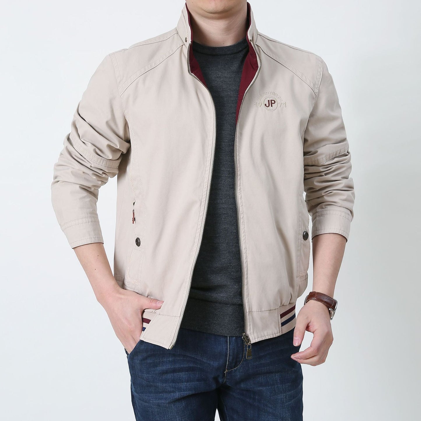 Men's reversible zip-up jacket dual-tone breathable fabric two-in-one casual style for men on the go