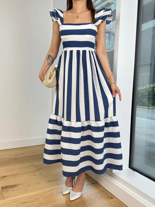 Women's striped cotton blend off-shoulder midi dress with relaxed fit and ruffle sleeves