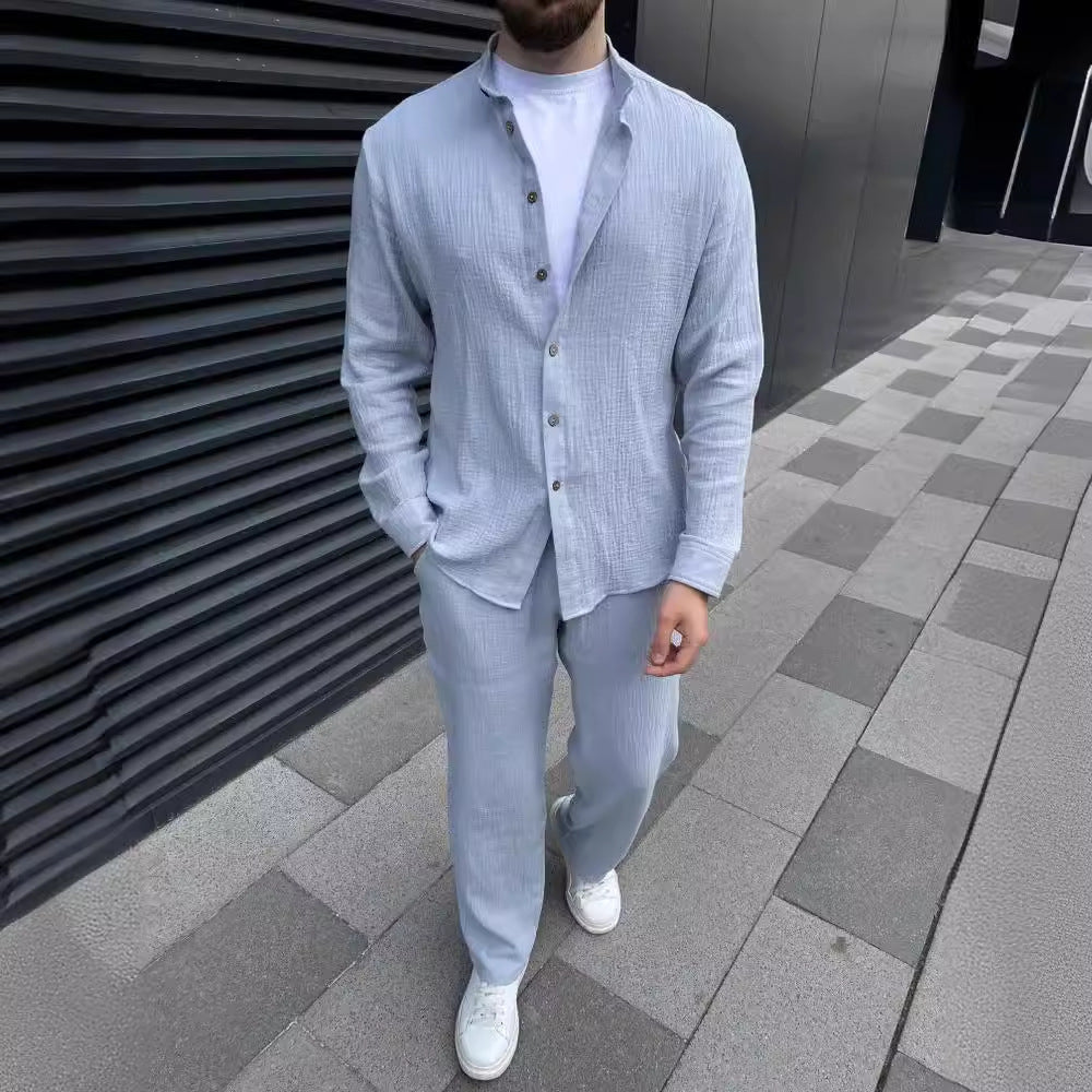 Men's linen-look beige relaxed fit button-up shirt and straight pants summer vacation set